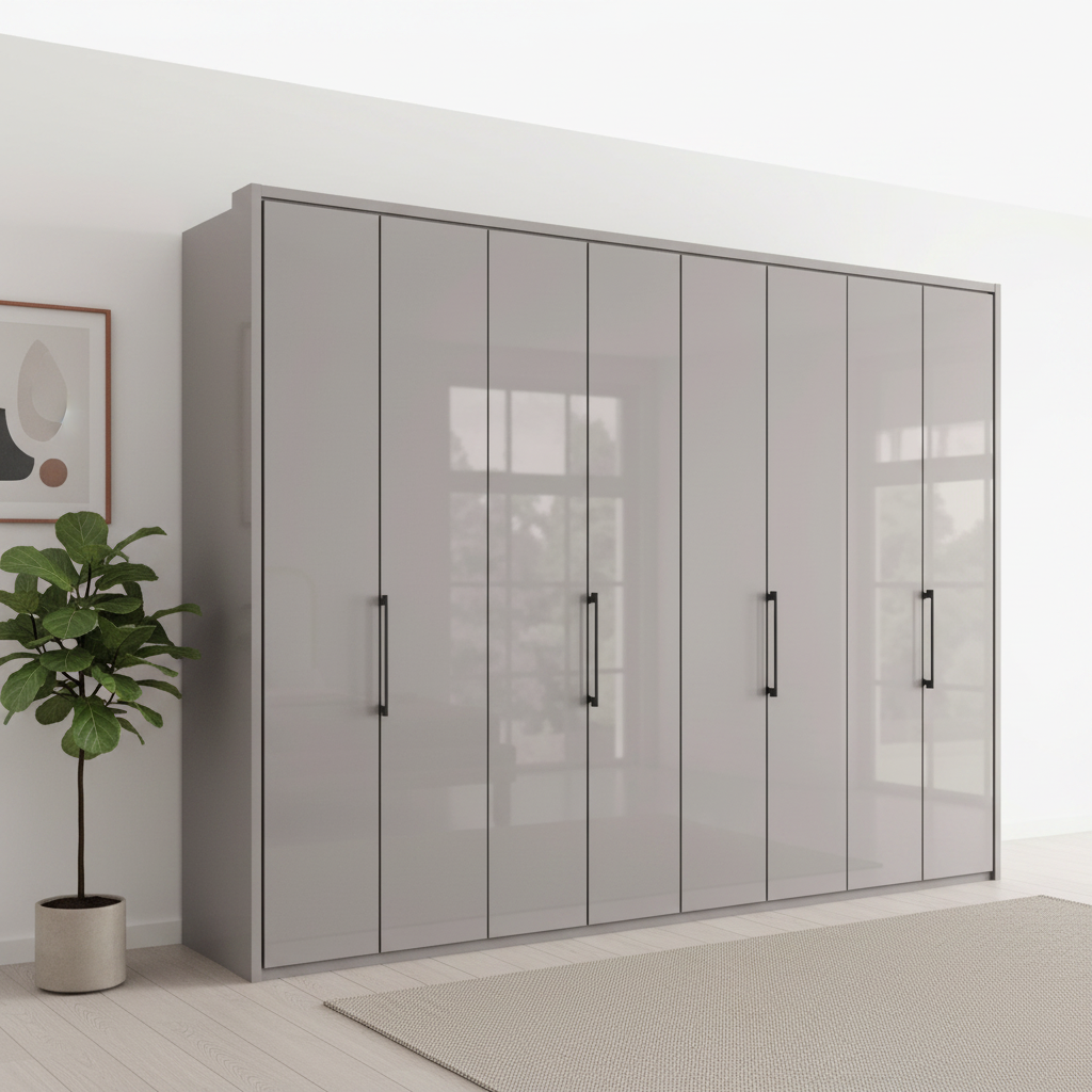 Wiemann Saka 300cm Bi-Fold Wardrobe With 8 Glass Doors with Pebble Grey Carcase