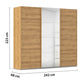 Rauch Wood effect wardrobe with middle mirror doors, dimensions labeled on a white background