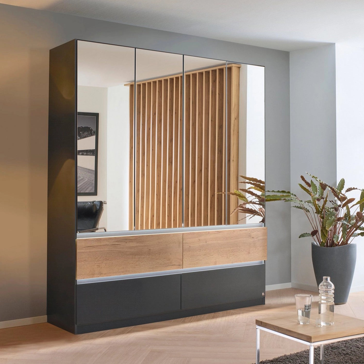 Winnipeg Metallic Grey With Mirror 4 Door Wardrobe with Drawers – W181CM - With Light