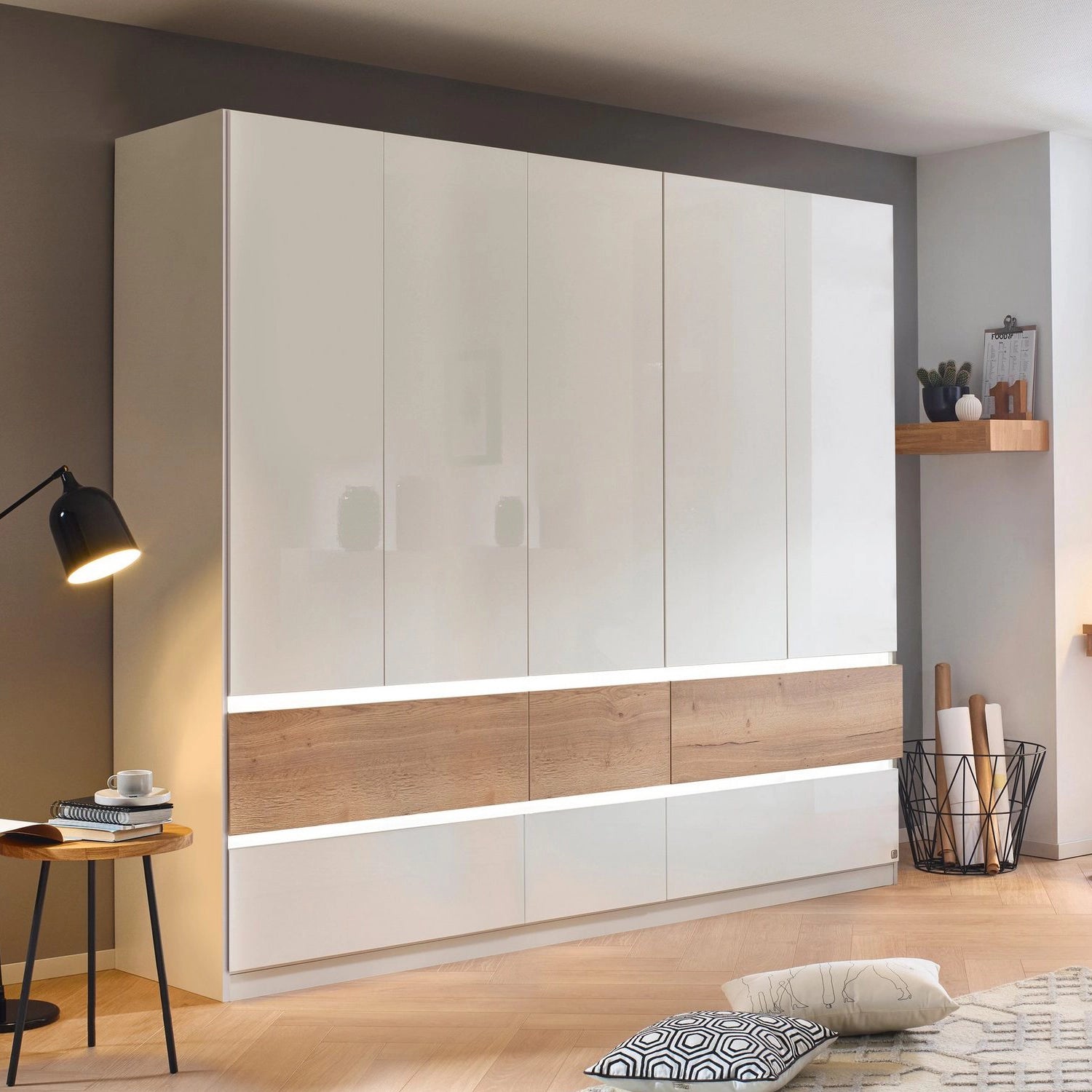 Winnipeg White High Gloss 5 Door Wardrobe with Drawers - W226CM - With Light Styled in a Room