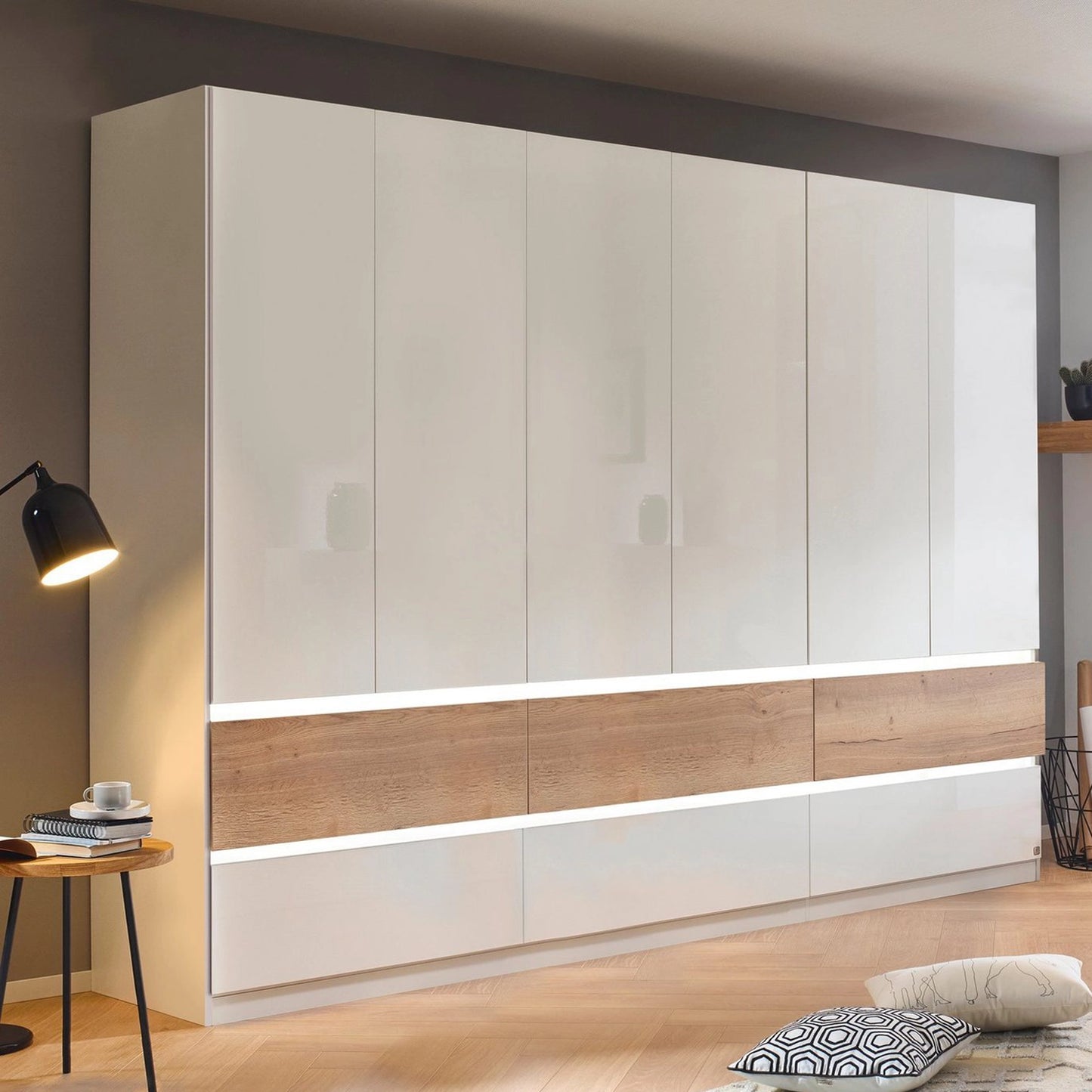 Winnipeg White High Gloss 6 Door Wardrobe with Drawers - W271CM - With Light Styled in a Bedroom