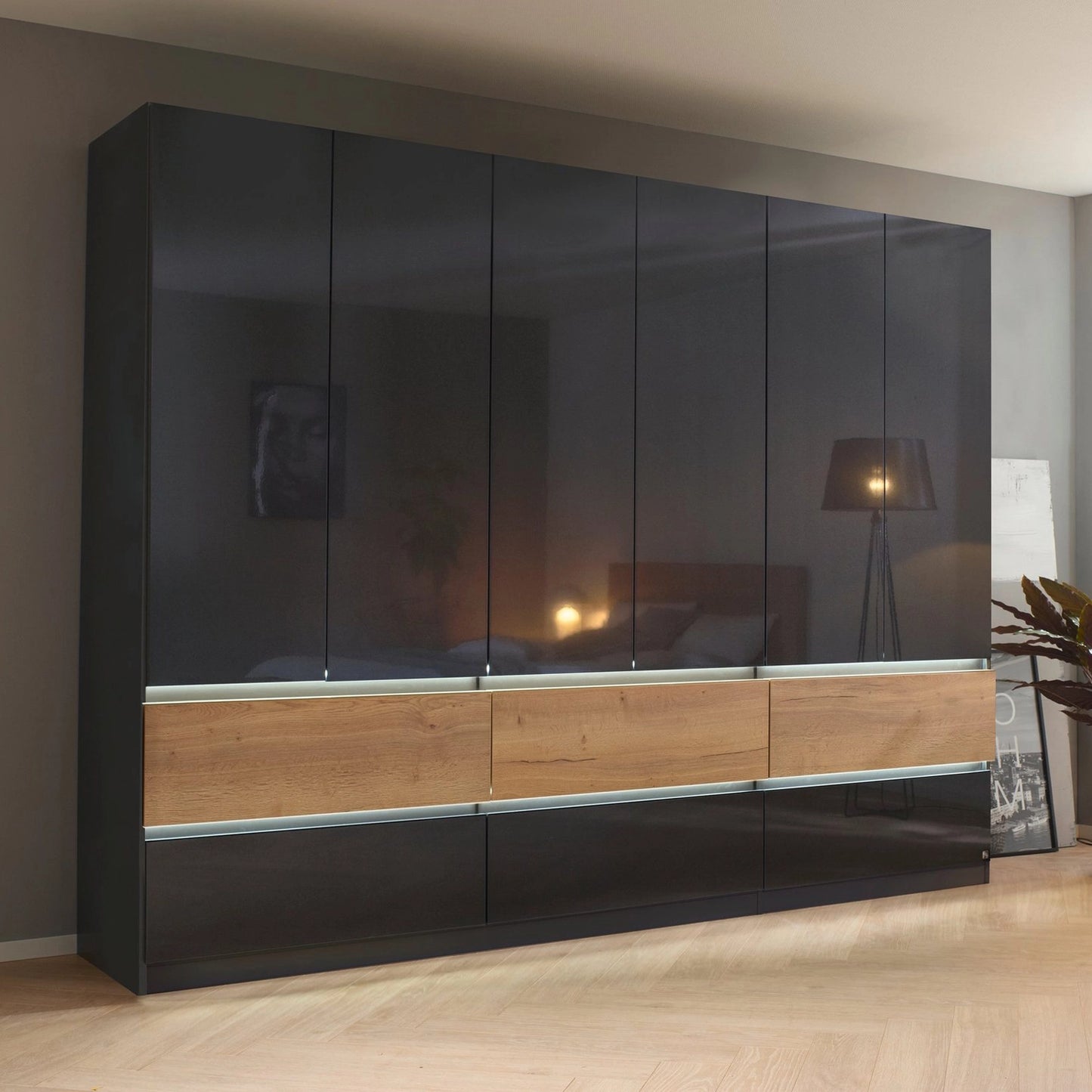 Winnipeg Metallic Grey 6 Door Wardrobe with Drawers - W271CM - Styled in a Bedroom