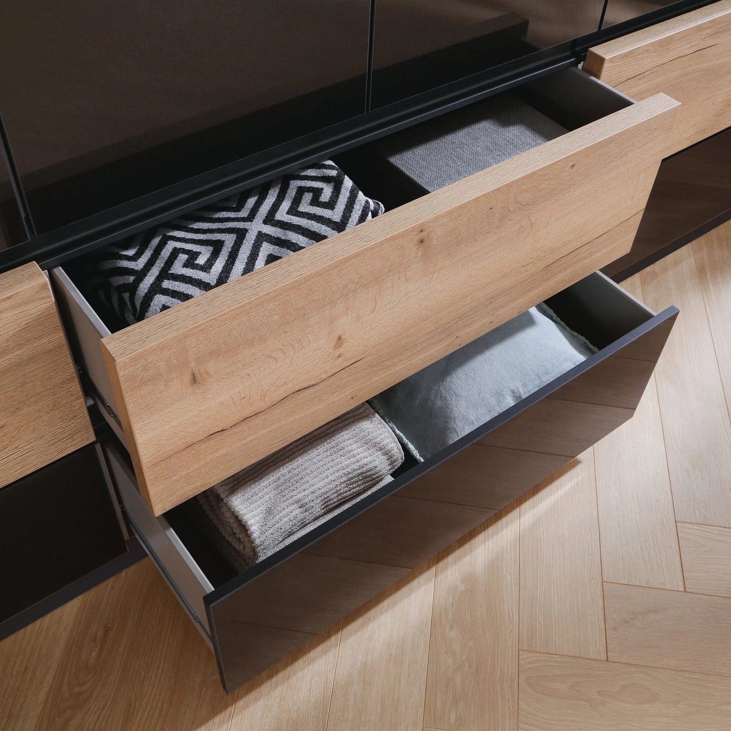 Winnipeg Metallic Grey With Mirror 6 Door Wardrobe with Drawers - W271CM - Drawers Closeup View Styled in a Bedroom