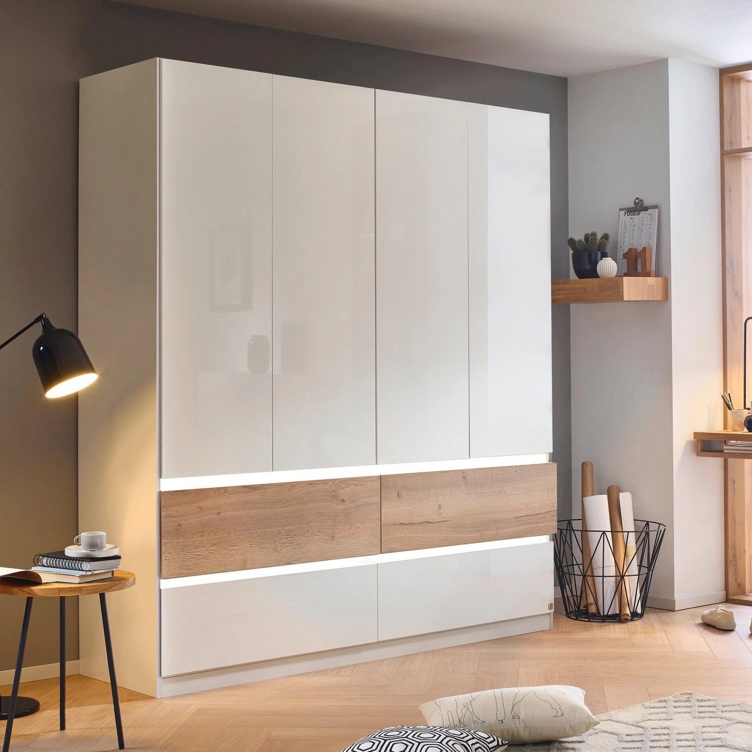 Winnipeg White High Gloss 4 Door Wardrobe with Drawers – W181CM With Light - Styled in a Bedroom