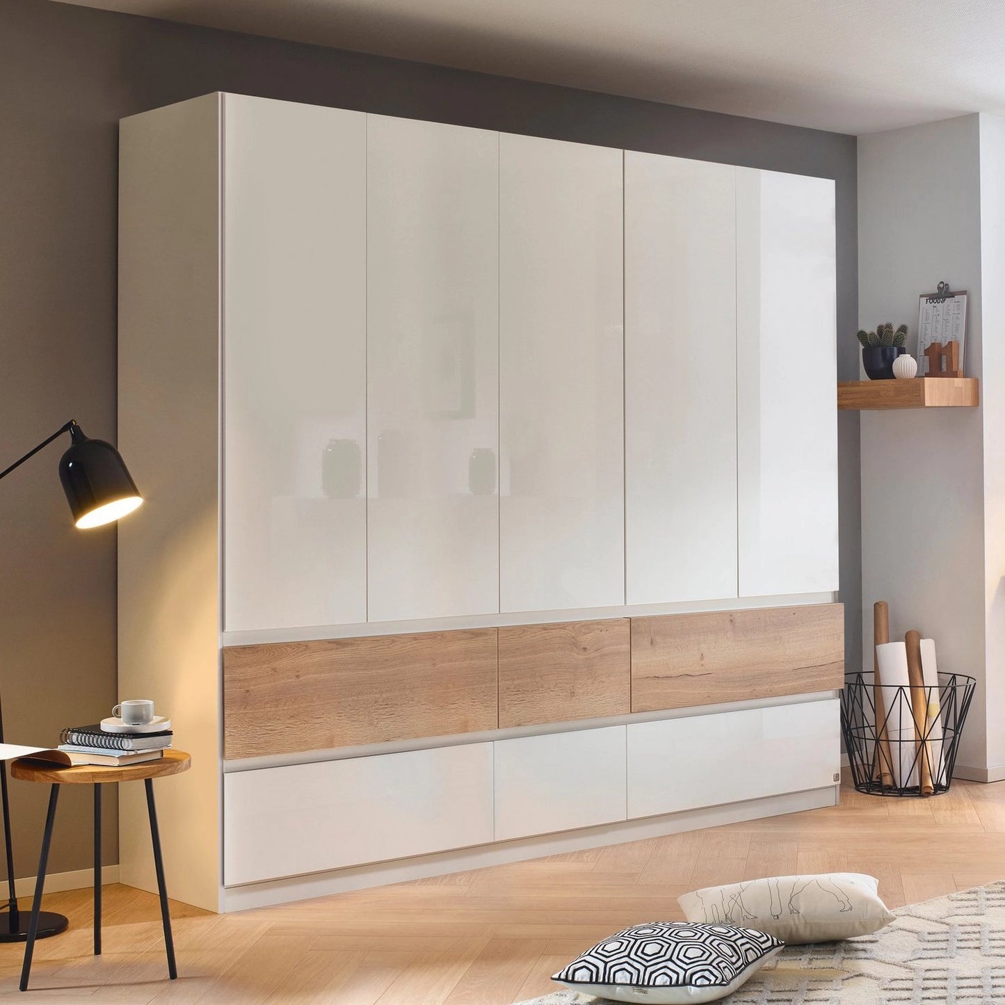 Winnipeg White High Gloss 5 Door Wardrobe with Drawers - W226CM - Styled in a Room