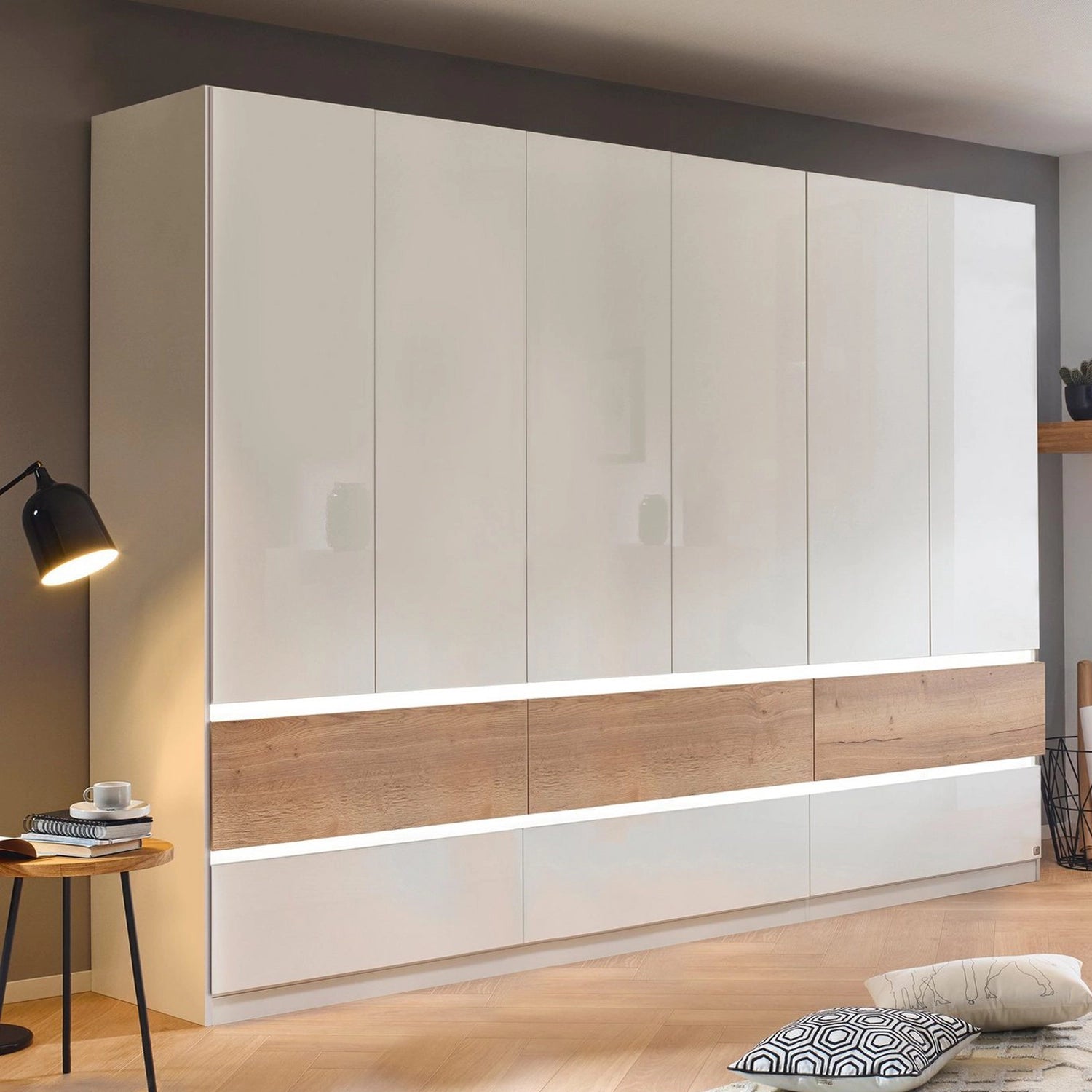 Winnipeg White High Gloss 6 Door Wardrobe with Drawers - W271CM - With Light Styled in a Bedroom