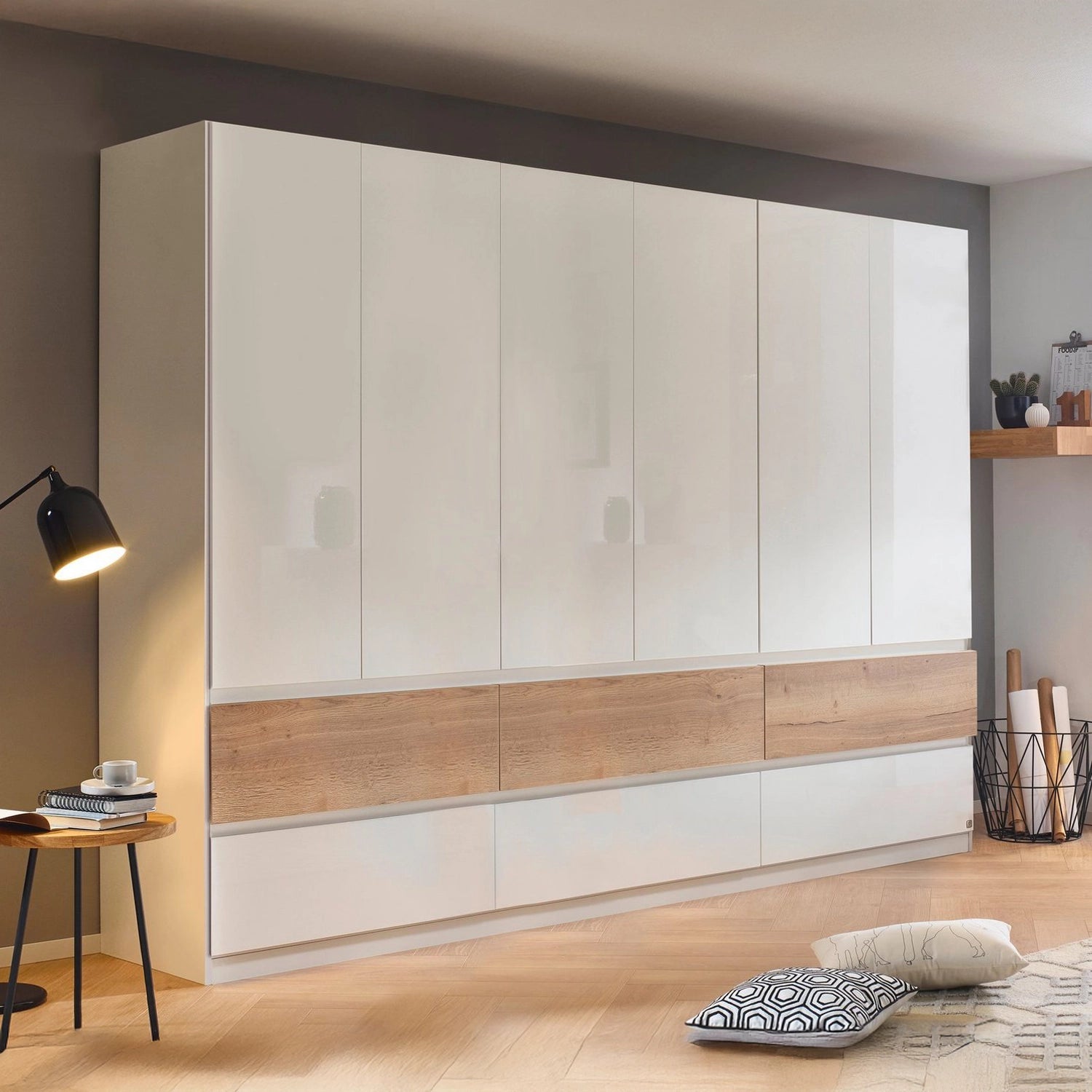Winnipeg White High Gloss 6 Door Wardrobe with Drawers - W271CM - Styled in a Bedroom