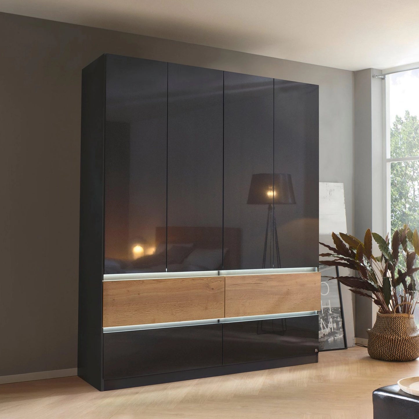 Winnipeg Metallic Grey High Gloss 4 Door Wardrobe with Drawers – W181CM - Styled in a Bedroom