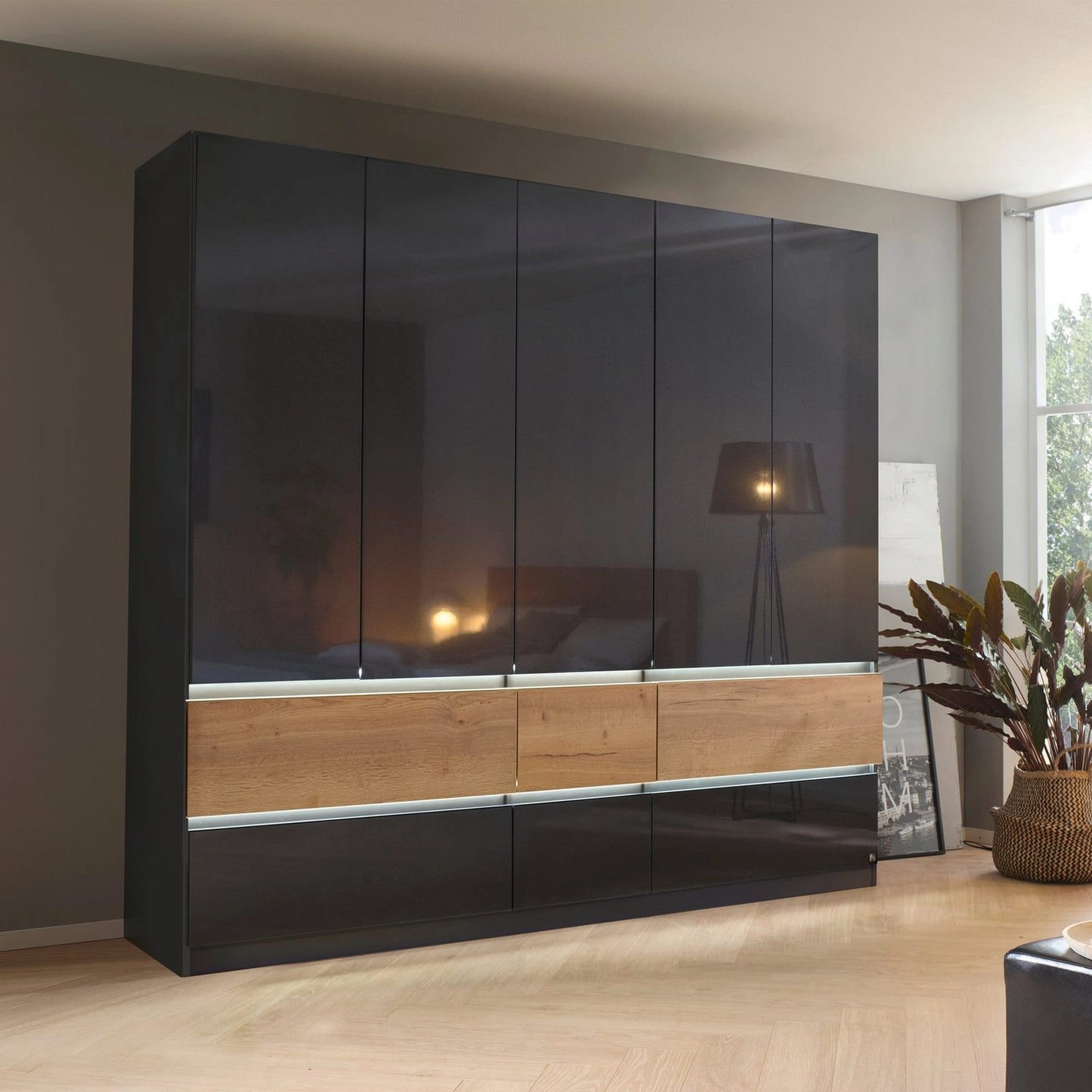 Winnipeg Metallic Grey High Gloss 5 Door Wardrobe with Drawers - W226CM - Styled in a Bedroom