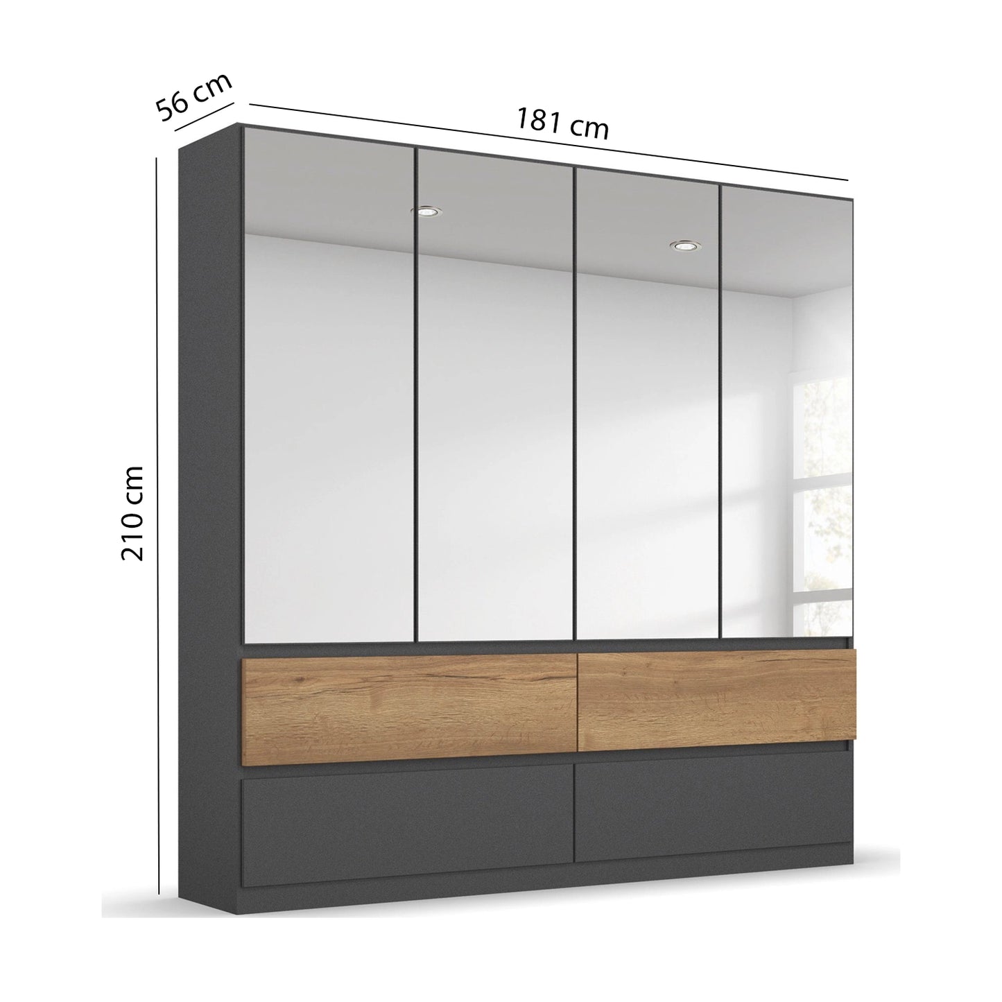 Winnipeg Metallic Grey With Mirror 4 Door Wardrobe with Drawers – W181CM