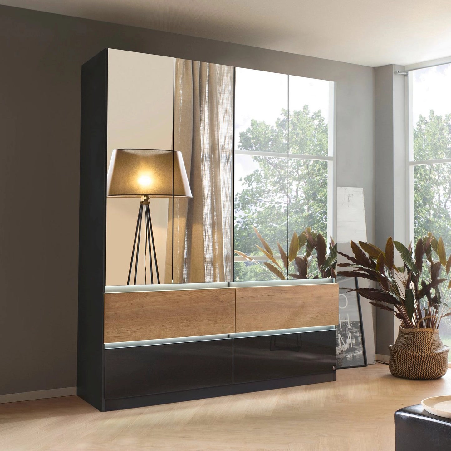 Winnipeg High Gloss With Mirror 4 Door Wardrobe with Drawers – W181CM - With Light