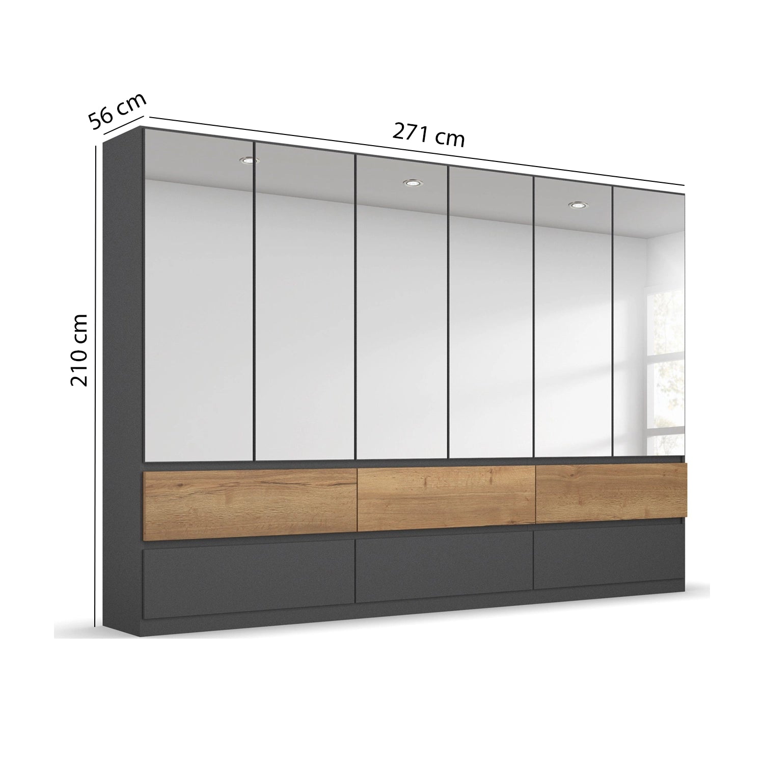Winnipeg Metallic Grey With Mirror 6 Door Wardrobe with Drawers - W271CM - Dimensions