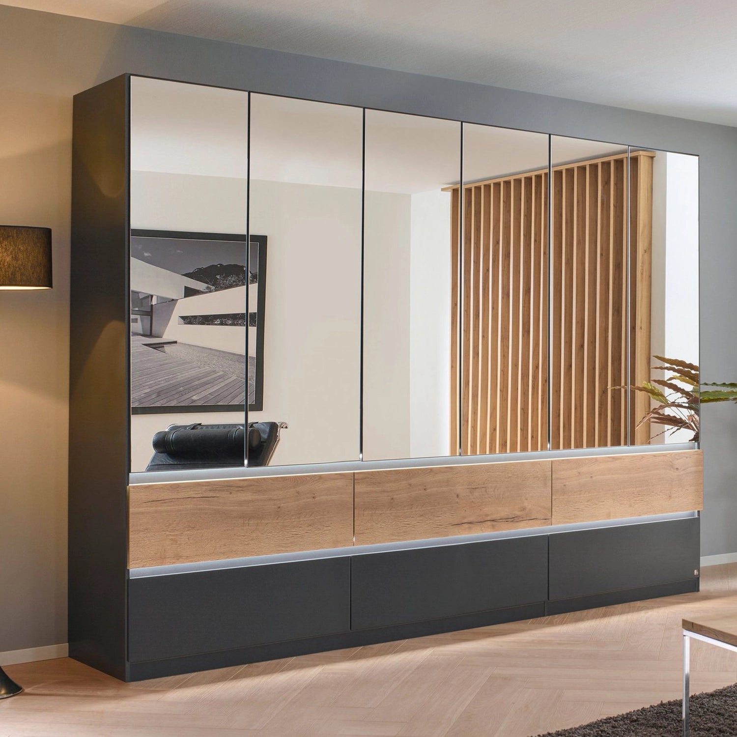 Winnipeg Metallic Grey With Mirror 6 Door Wardrobe with Drawers - W271CM - Styled in a Bedroom