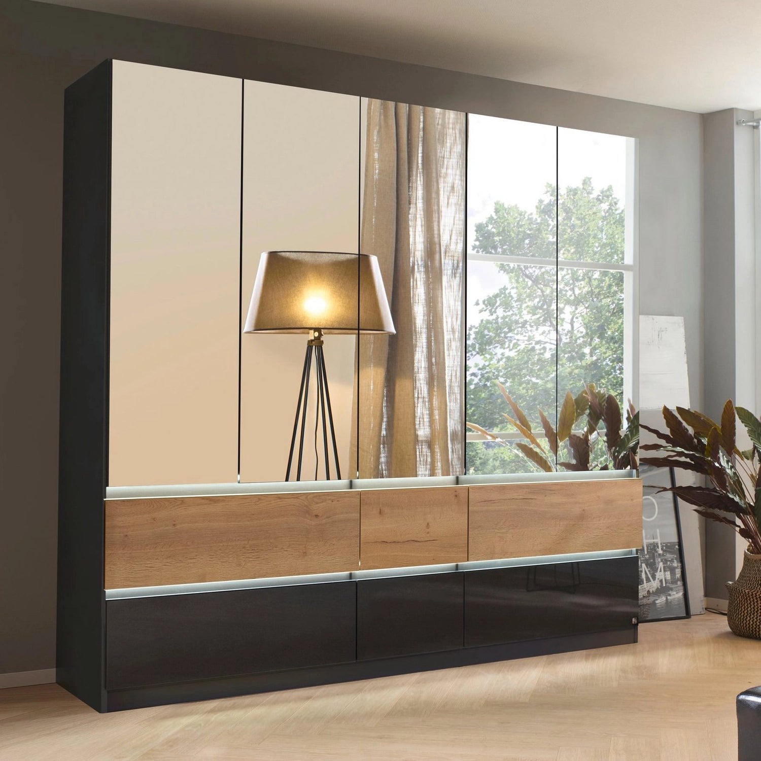 Winnipeg High Gloss With Mirror 6 Door Wardrobe with Drawers - W271CM - With Light