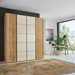 Zenith 200cm 4 Door Hinged Wardrobe Bianco Oak with Champagne Glass 
