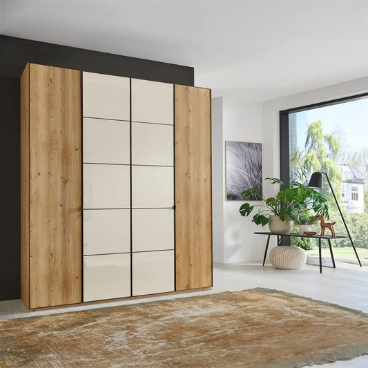 Zenith 200cm 4 Door Hinged Wardrobe Bianco Oak with Champagne Glass 