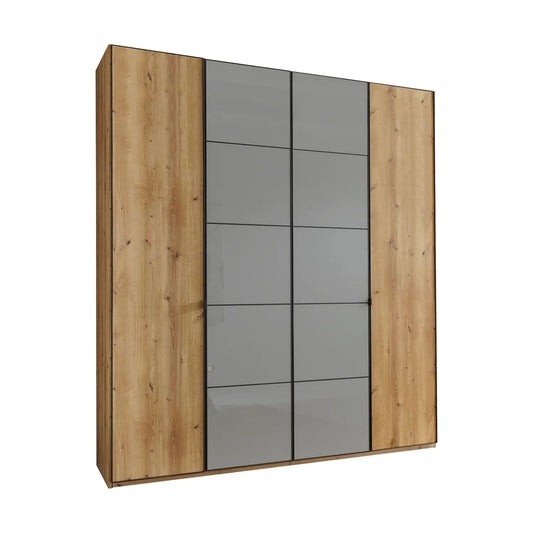 Zenith 200cm 4 Door Hinged Wardrobe Bianco Oak with Havana Glass