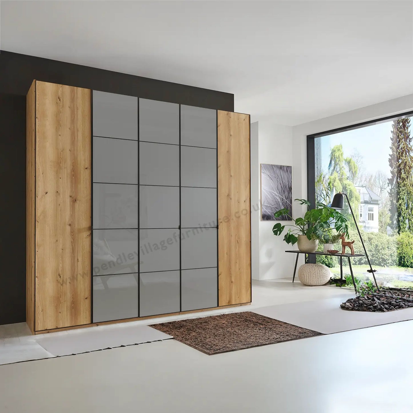 Zenith 250cm Bianco Oak with Havana Glass 5 Door Hinged Wardrobe 
