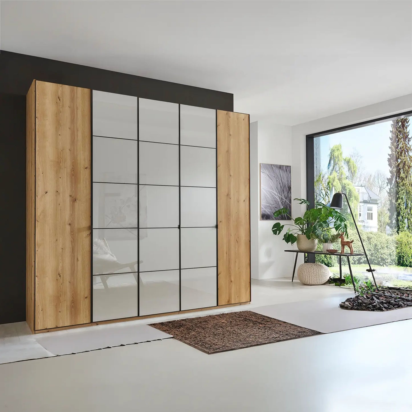 Zenith 250cm Bianco Oak with Pebble Grey Glass 5 Door Hinged Wardrobe 