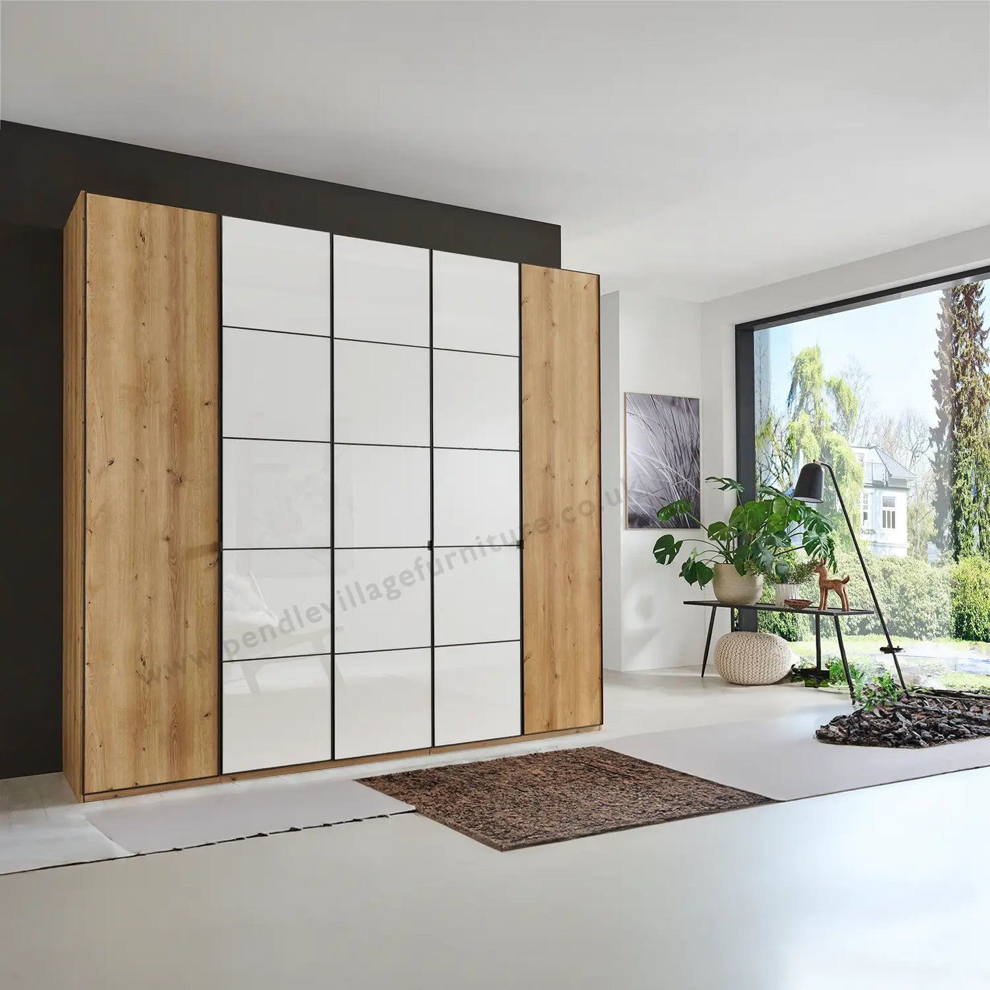 Zenith 250cm Bianco Oak with White Glass 5 Door Hinged Wardrobe