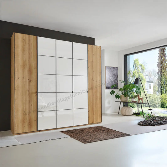 Zenith 250cm Bianco Oak with White Glass 5 Door Hinged Wardrobe