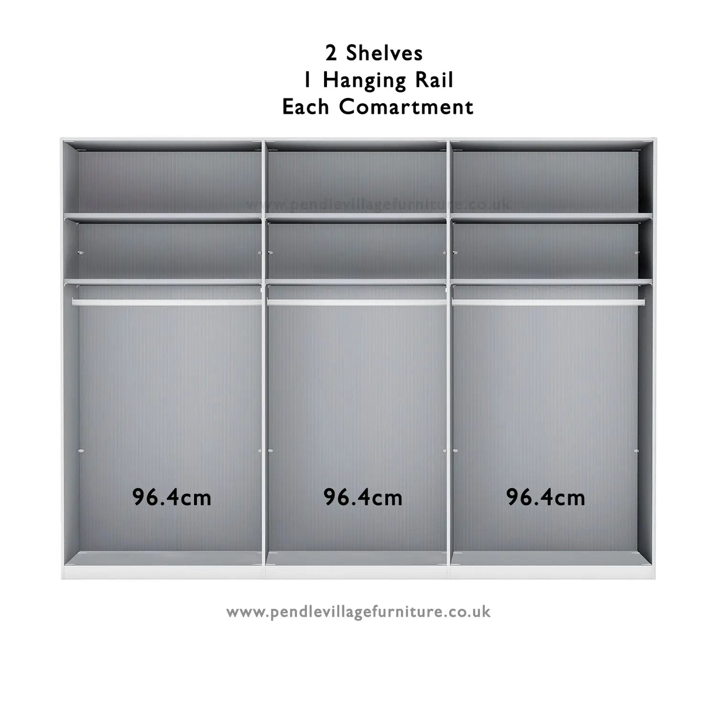 Interior Details of Wiemann 300cm Large 6 Door Wardrobe, also available in Havana, White and Pebble Grey Glass - Dimensions