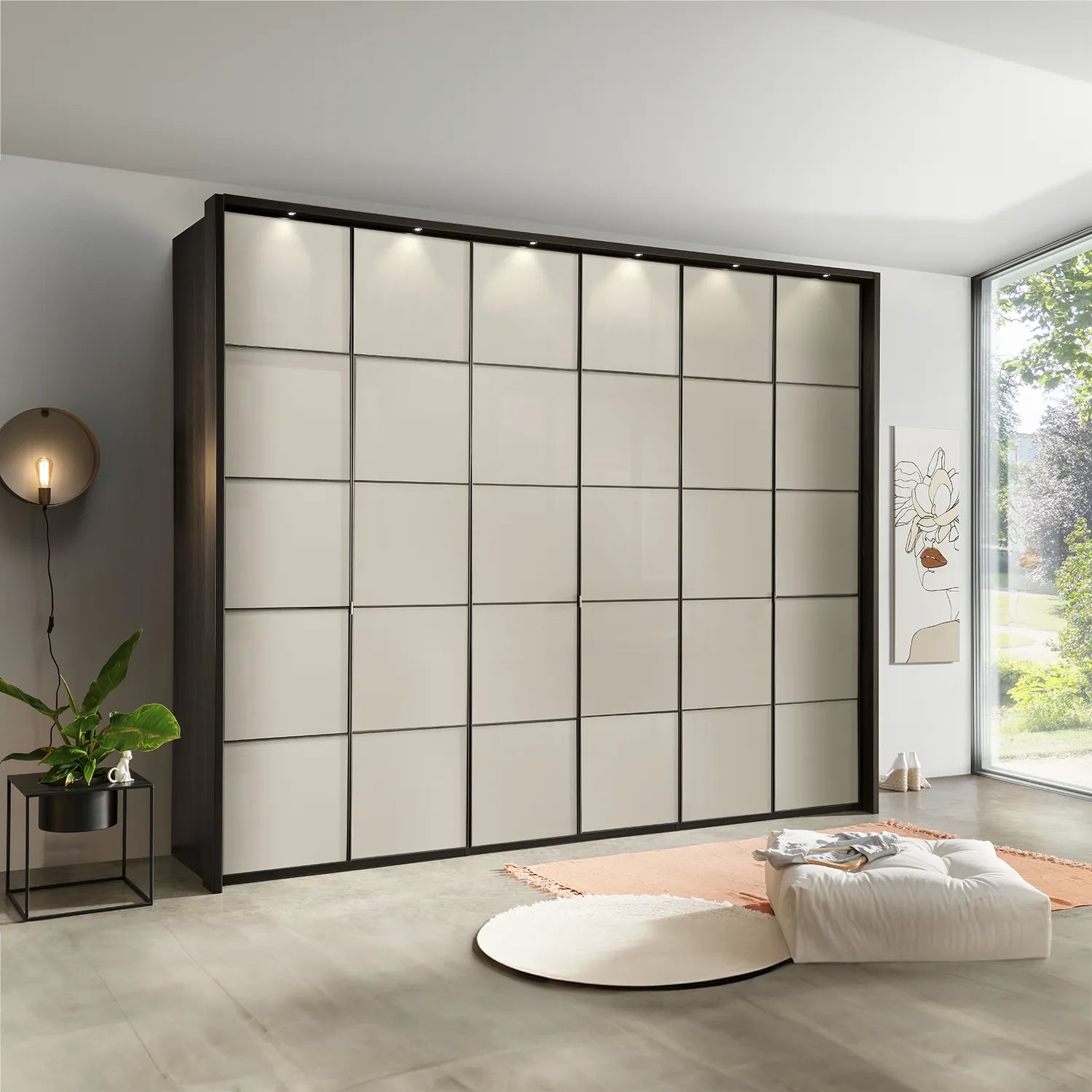 Zenith Pebble Grey Glass Front 300cm Large 6 Door Wardrobe 