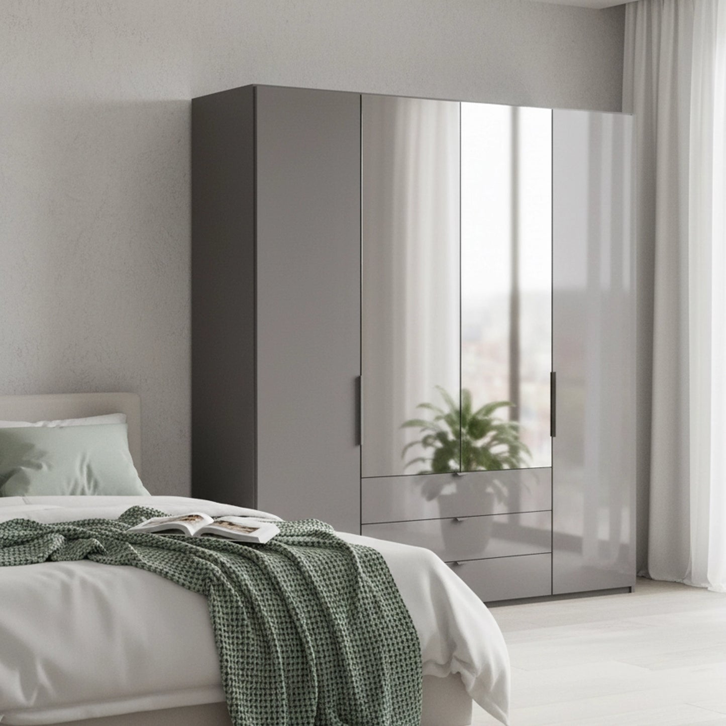 Amelia 200cm 4 Door Bifold Combi Wardrobe with 2 Mirror Doors, 2 Glass Doors and 3 Glass Drawers in Lava - Styled in a Bedroom