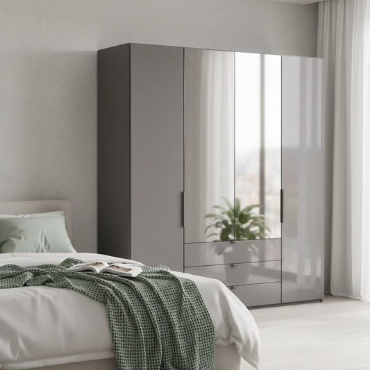 Amelia 200cm 4 Door Bifold Combi Wardrobe with 2 Mirror Doors, 2 Glass Doors and 3 Glass Drawers in Lava - Styled in a Bedroom