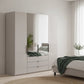 Amelia 200cm 4 Door Bifold Combi Wardrobe with 2 Mirror Doors, 2 Glass Doors and 3 Glass Drawers in Pebble Grey - Styled in a Bedroom