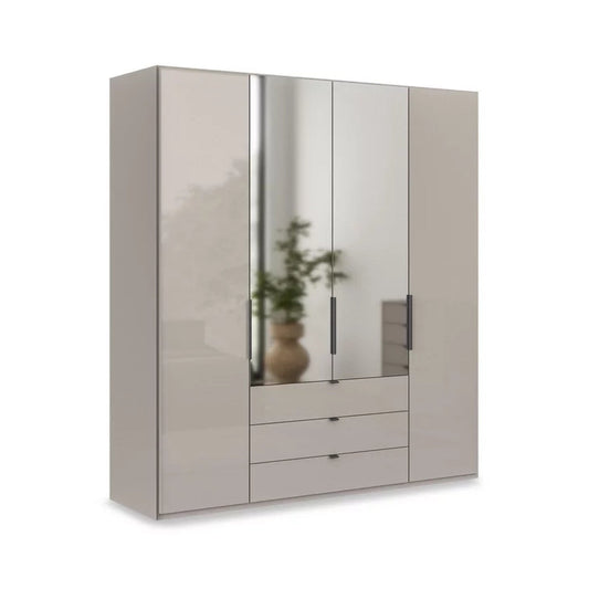 Amara 200cm 4 Door Combi Wardrobe with 2 Mirror Doors, 2 Glass Doors and 3 Glass Drawers - Pebble Grey