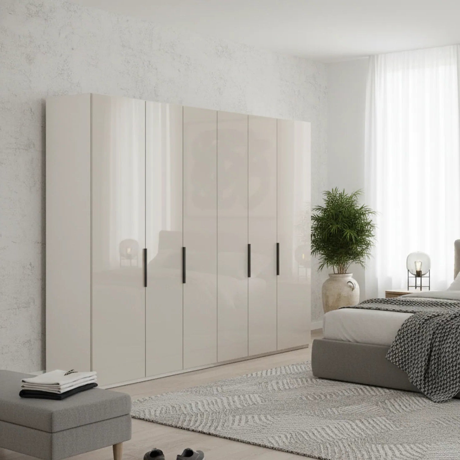 Amara 250cm 6 Door Hinged Wardrobe with Glass Doors in Champagne - Styled in a Bdroom