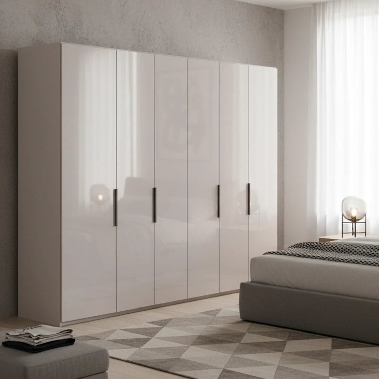 Amara 250cm 6 Door Hinged Wardrobe with Glass Doors in Pebble Grey - Styled in a Bedroom