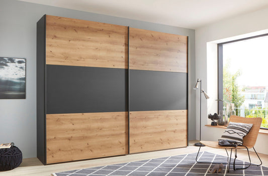 Corfu Bianco Oak & Graphite Sliding Door Wardrobe - Styled in a Bedroom
