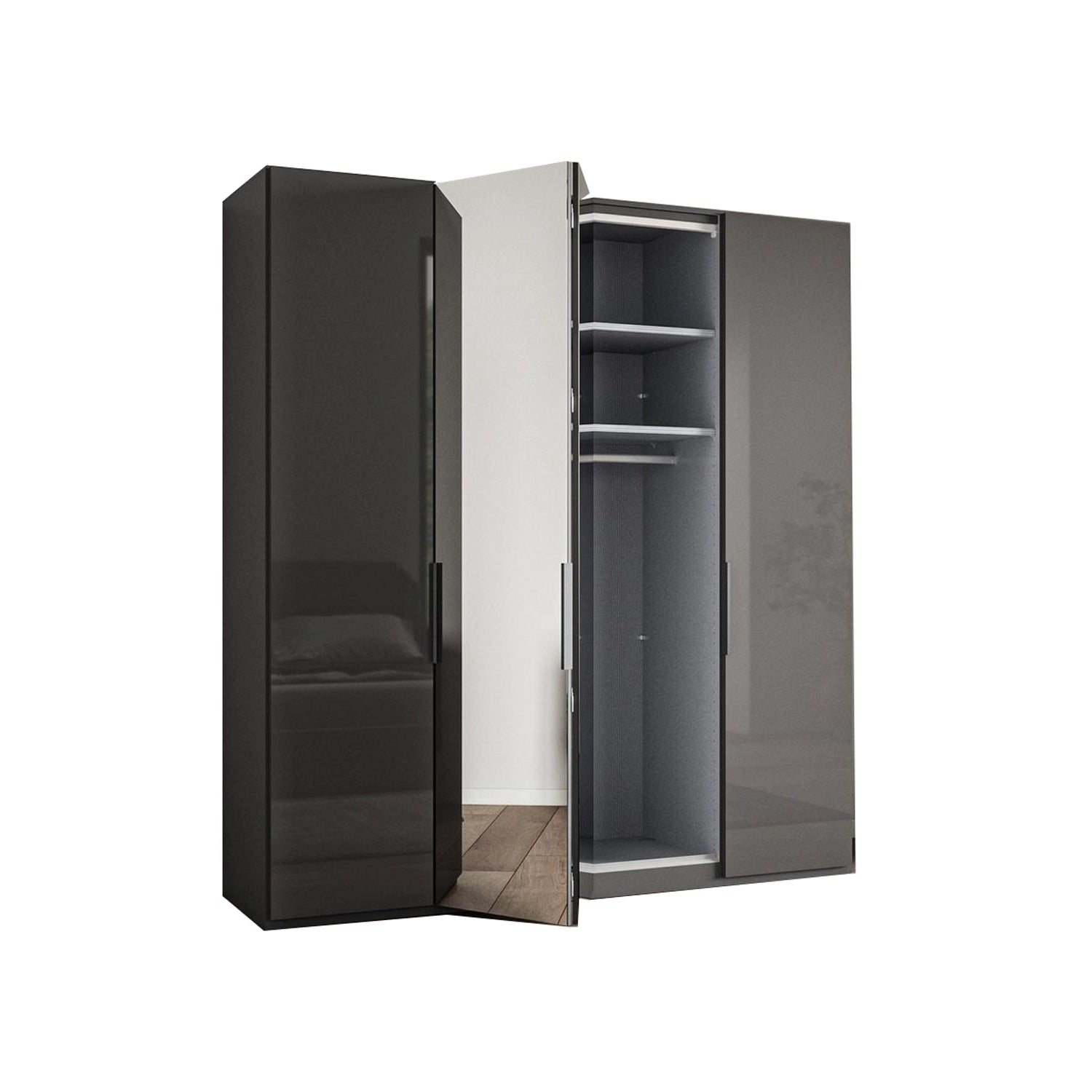Amelia 200cm 4 Door Bifold Wardrobe with 2 Glass Doors and 2 Mirror Doors - Interior View