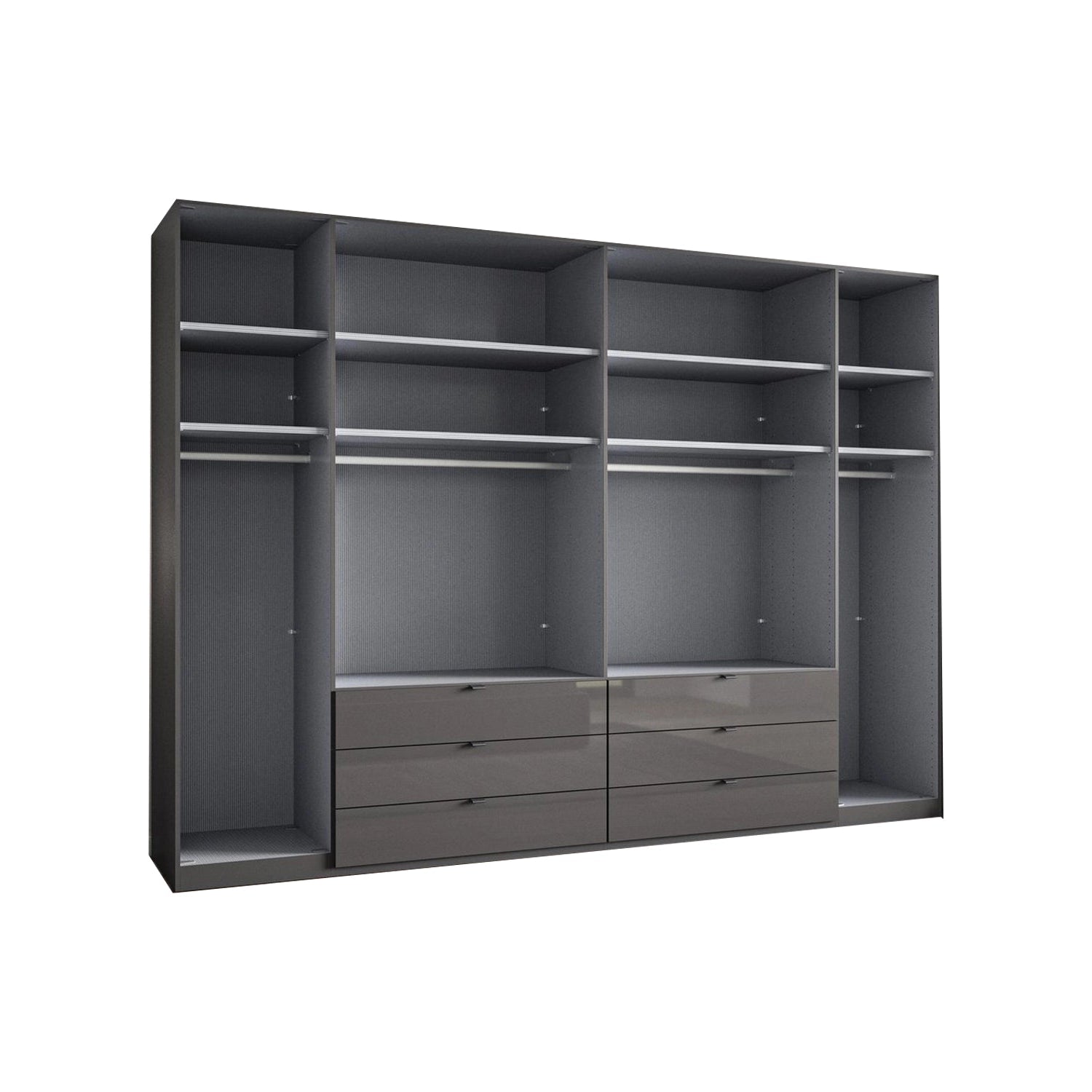 Amelia 250cm 6 Door Bifold Combi Wardrobe with 4 Mirror Doors, 2 Glass Doors and 6 Glass Drawers - Interior View