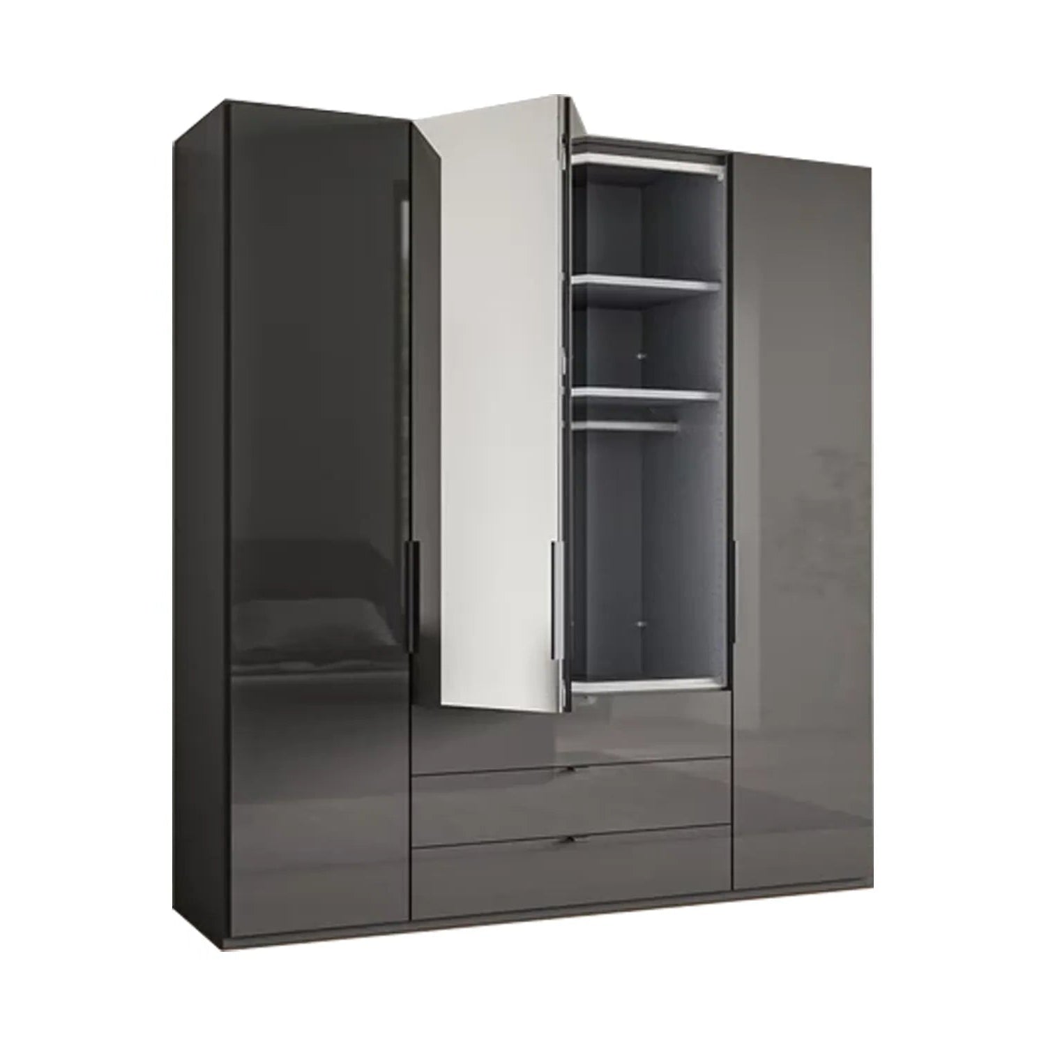 Amelia 200cm 4 Door Bifold Combi Wardrobe with 2 Mirror Doors, 2 Glass Doors and 3 Glass Drawers - Interior View