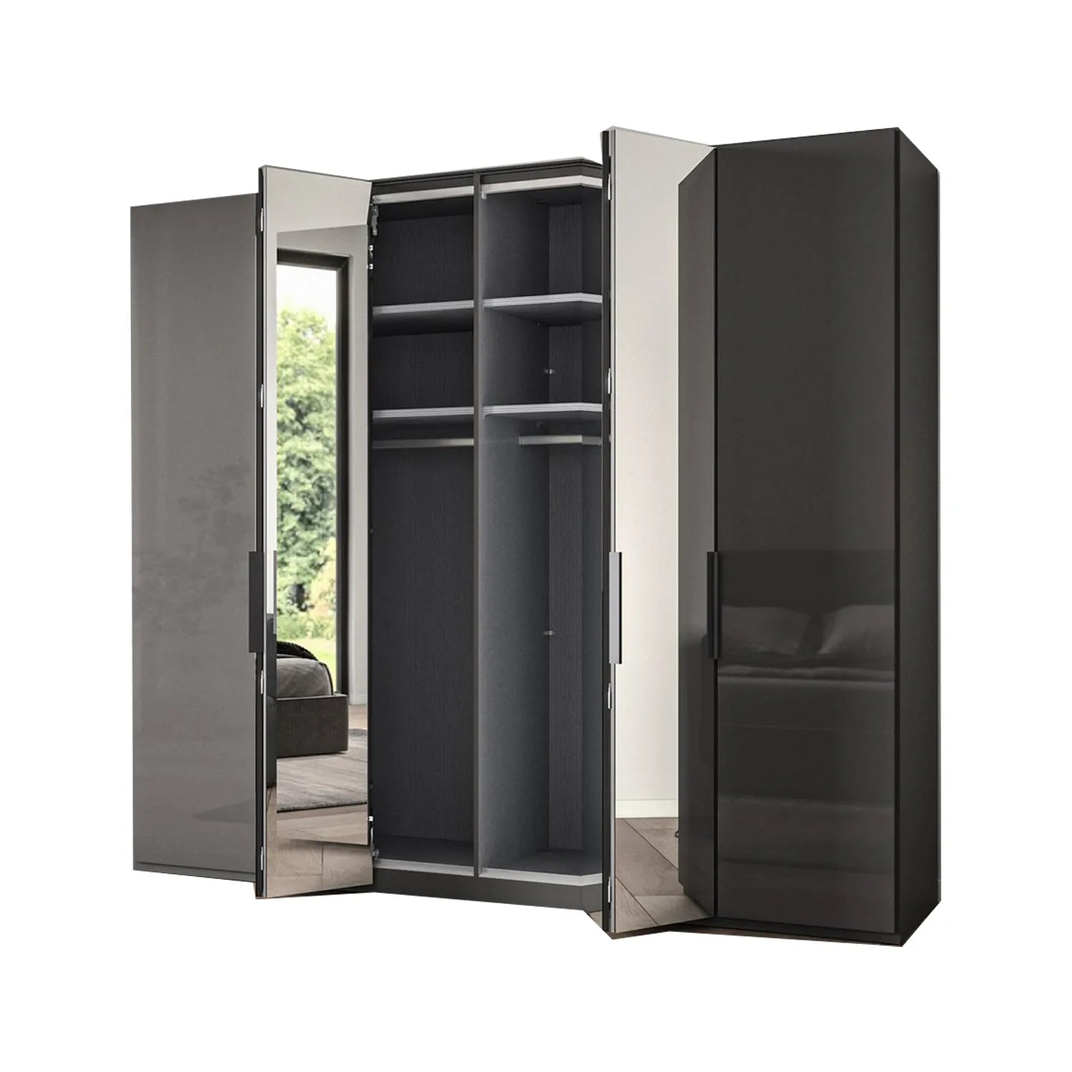 Amara 300cm 6 Door Bifold Wardrobe with 2 Glass Doors and 4 Mirror Doors - Interior View
