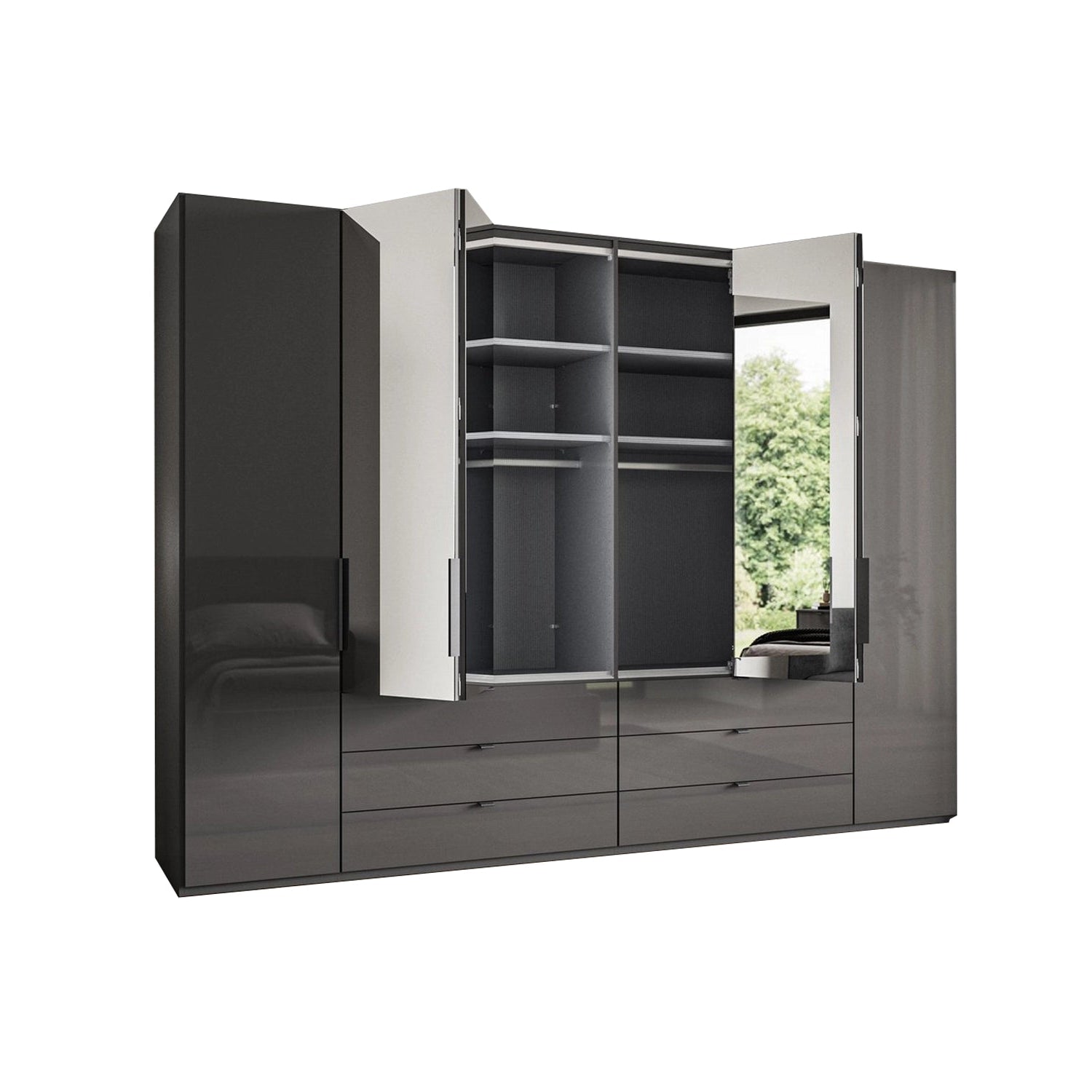Amelia 250cm 6 Door Bifold Combi Wardrobe with 4 Mirror Doors, 2 Glass Doors and 6 Glass Drawers - Interior View