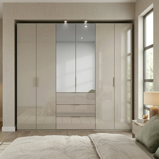 Rauch Haven  6 Door Combi Wardrobe with 4 Glass Doors and 2 Mirror Doors - Styled in a Bedroom