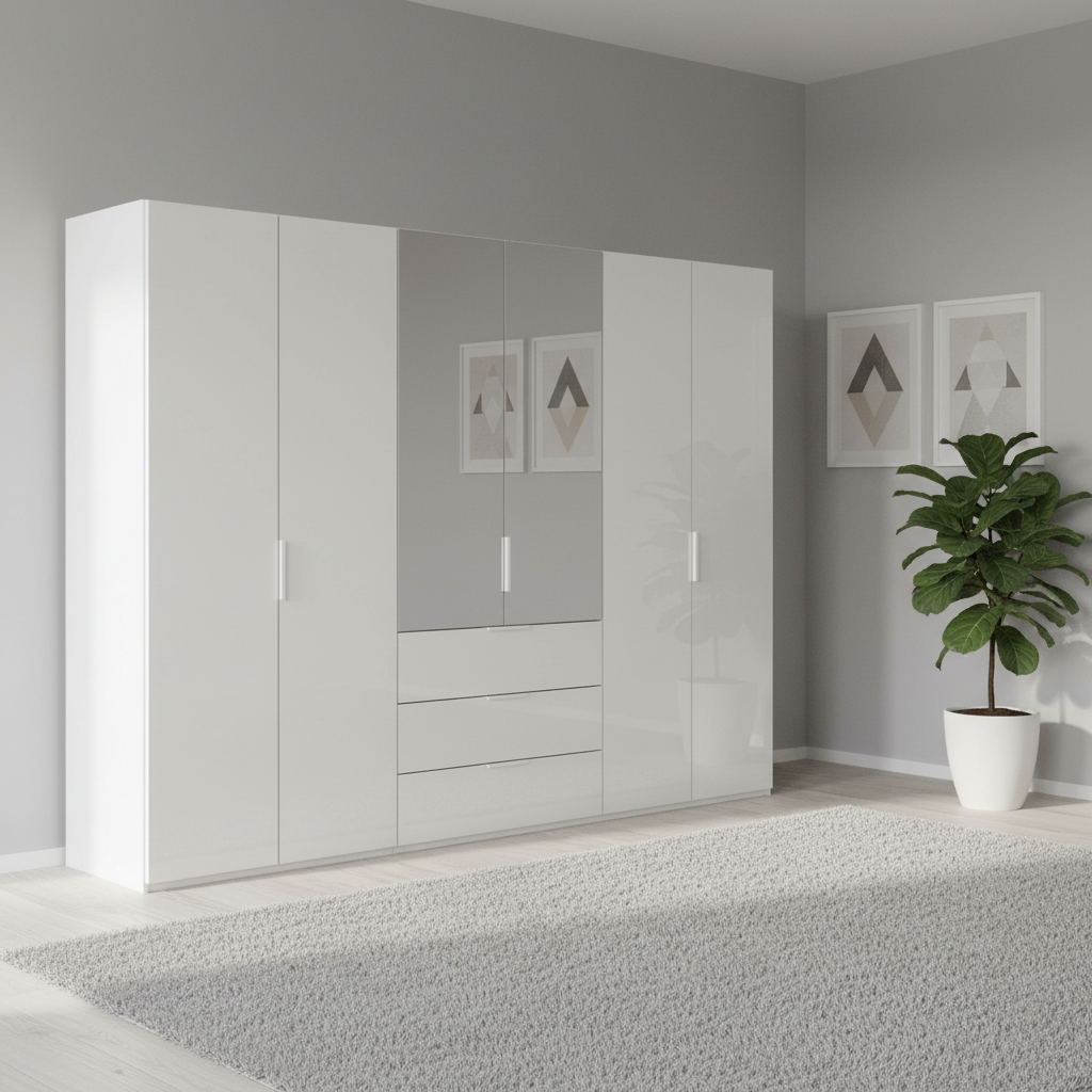 Rauch Heaven 300cm 6 Door Combi Wardrobe with 4 Glass Doors and 2 Mirror Doors in Alpine White styled in a modern bedroom