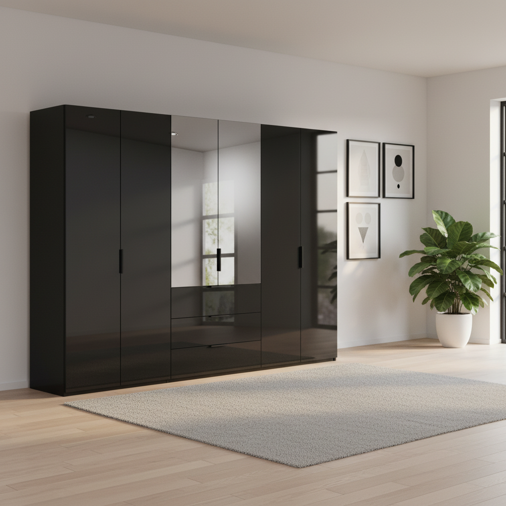 Rauch Heaven 300cm 6 Door Combi Wardrobe with 4 Glass Doors and 2 Mirror Doors in Black styled in a modern bedroom