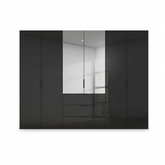 Rauch Haven  6 Door Combi Wardrobe with 4 Glass Doors and 2 Mirror Doors in Black - Front view