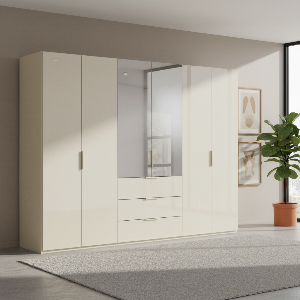 Rauch Heaven 300cm 6 Door Combi Wardrobe with 4 Glass Doors and 2 Mirror Doors in Champagne styled in a modern bedroom