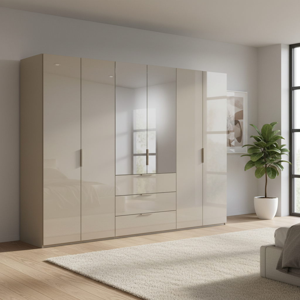 Rauch Heaven 300cm 6 Door Combi Wardrobe with 4 Glass Doors and 2 Mirror Doors in Fango styled in a modern bedroom