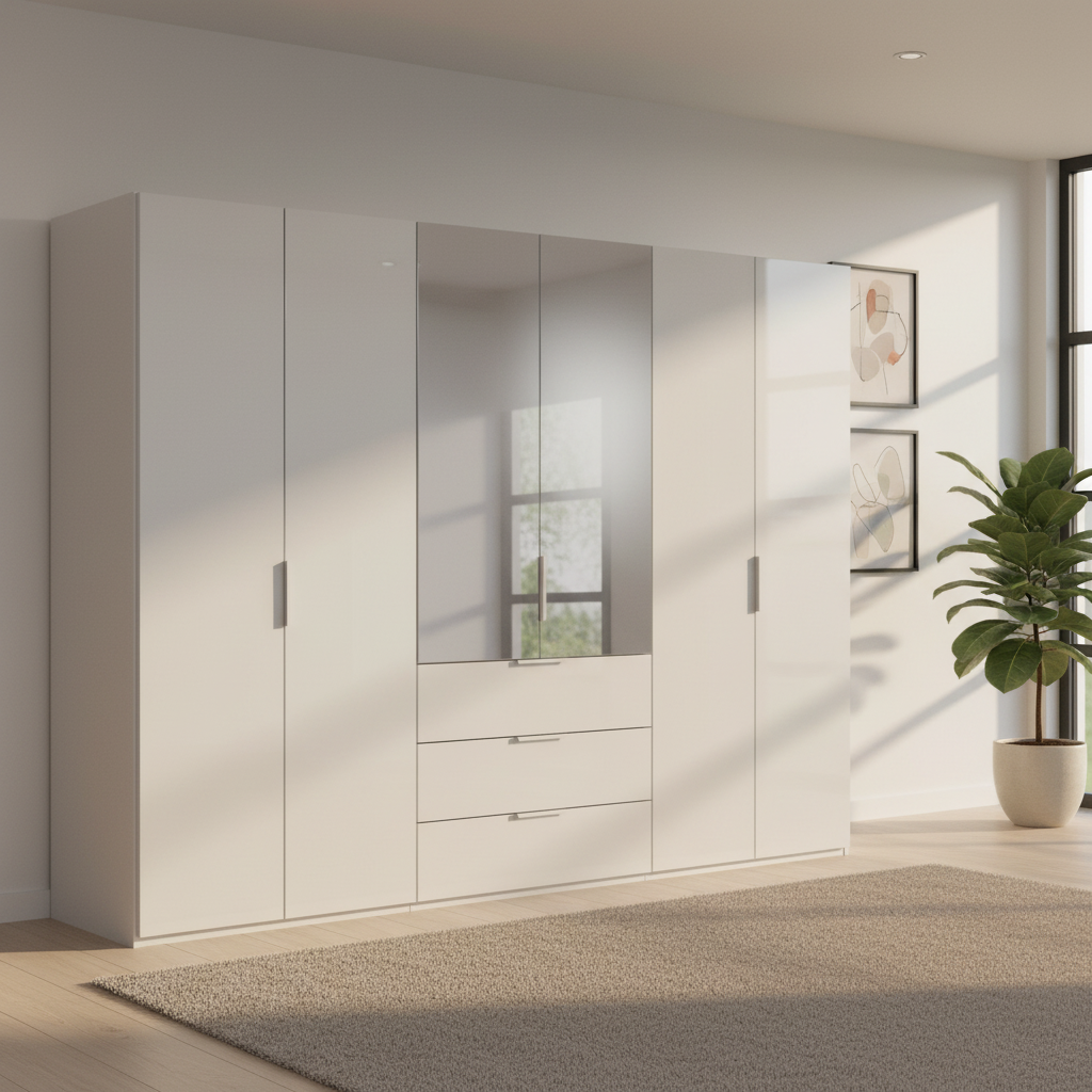 Rauch Heaven 300cm 6 Door Combi Wardrobe with 4 Glass Doors and 2 Mirror Doors in Silk Grey styled in a modern bedroom