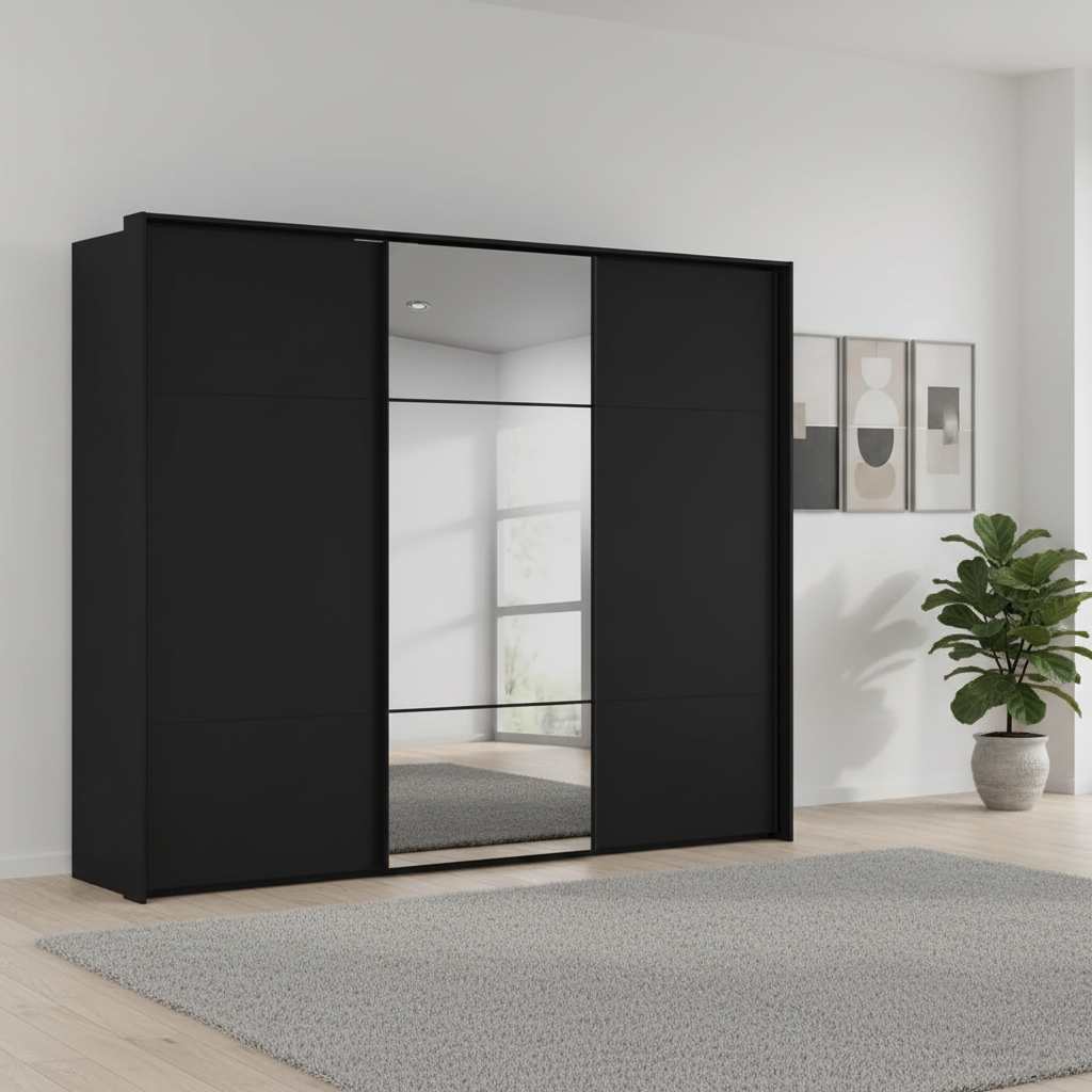 Rauch Heaven 270cm 3 Door Slider Wardrobe with 2 Décor Doors and 1 Mirror Door in Black styled in a modern bedroom