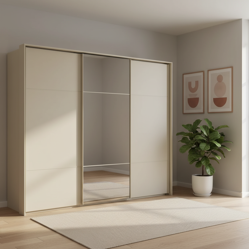 Rauch Heaven 270cm 3 Door Slider Wardrobe with 2 Décor Doors and 1 Mirror Door in Champagne styled in a modern bedroom