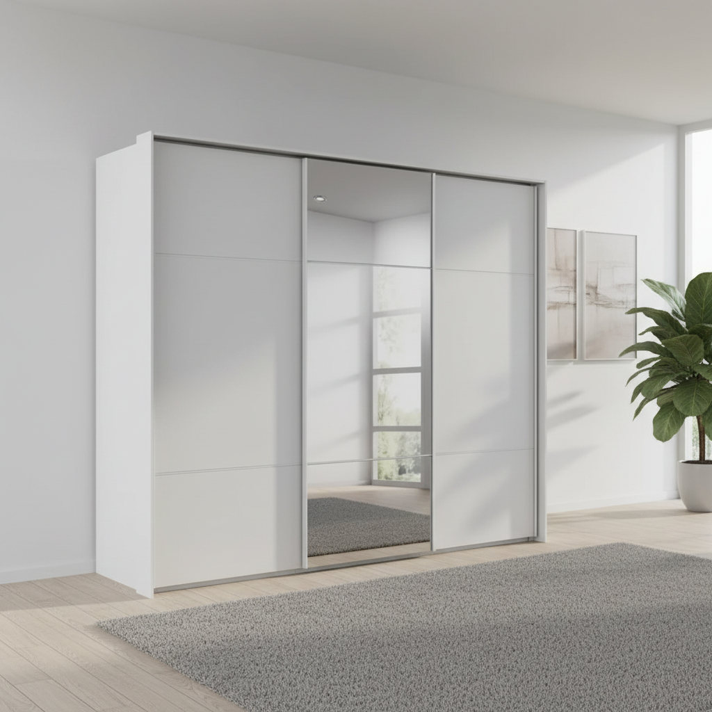 Rauch Heaven 270cm 3 Door Slider Wardrobe with 2 Décor Doors and 1 Mirror Door in Silk Grey styled in a modern bedroom