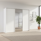 Rauch Heaven 270cm 3 Door Slider Wardrobe with 2 Décor Doors and 1 Mirror Door Alpine White styled in a modern bedroom